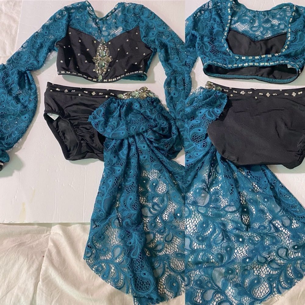 Reverence solo teal lace Custom poet Aladin dance costume long sleeve 2 piece YL